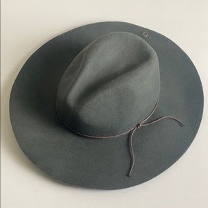 100% wool hat grey gray with brown leather deco